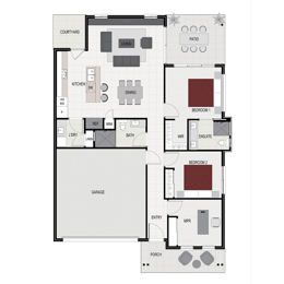 Floorplan of the Kooralbyn house design with a Gable facade located at Stockland Halcyon Rise, Logan Reserve.