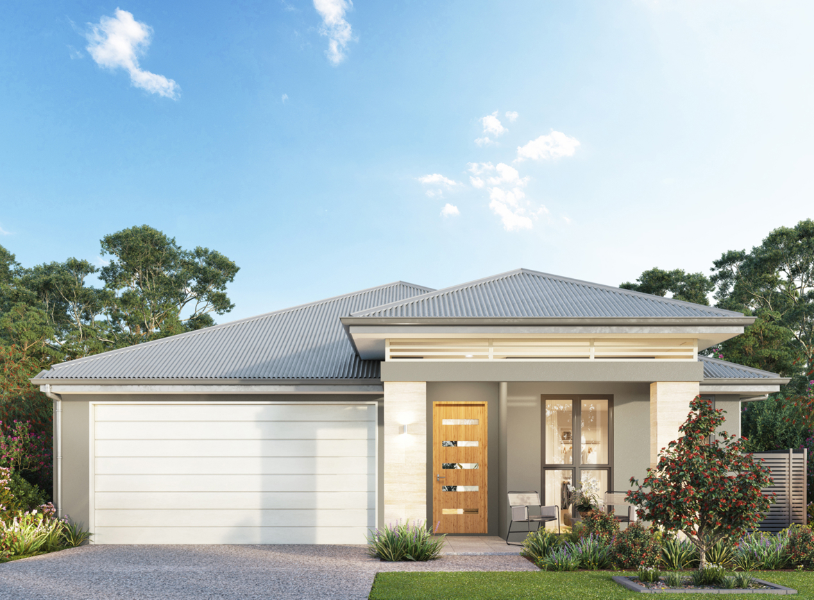 An exterior render of the Monteverde house type with a hip facade at B by Halcyon on the Sunshine Coast.