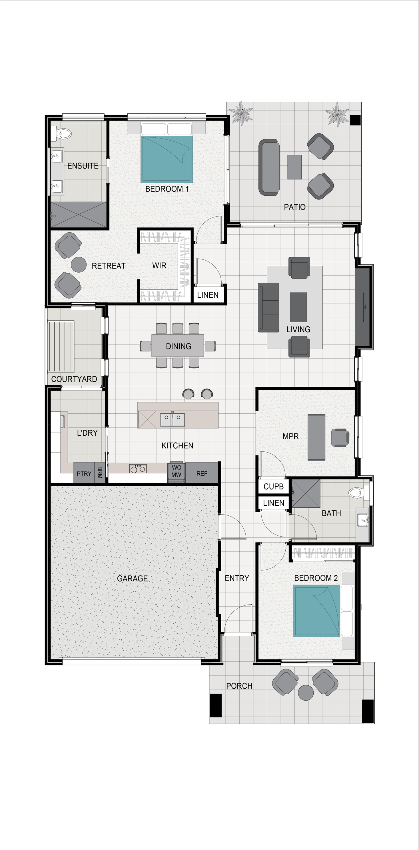 An interior floorplan of a sequoia house type with two bedroom and a multipurpose room at B by Halcyon.