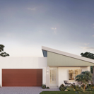 An exterior render image of a Sequoia house type with a skillion facade in a rainforest colour scheme at B by Halcyon.