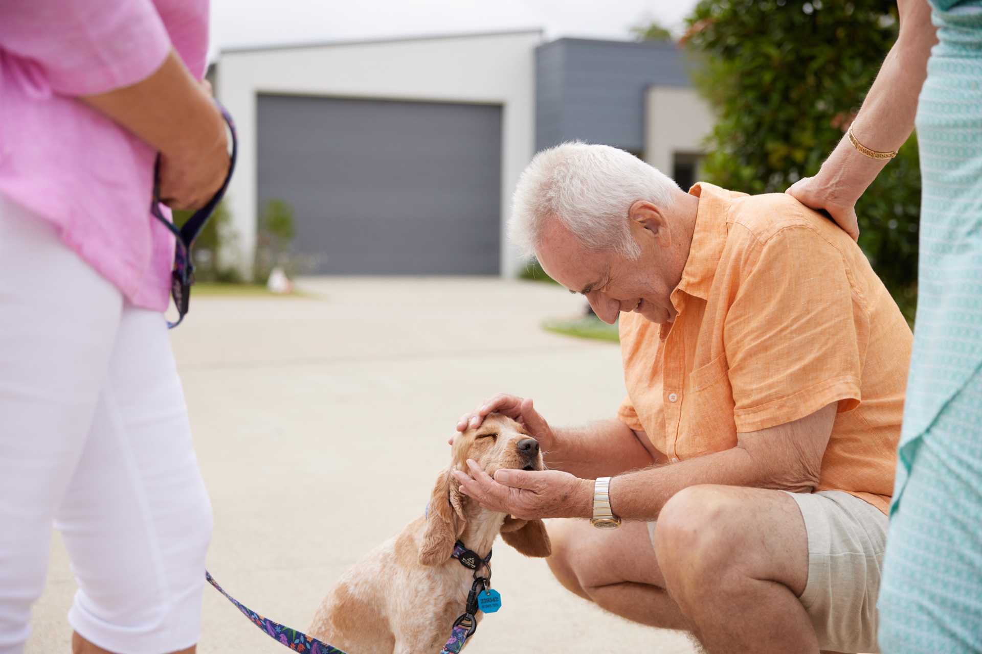 A man in his sixties wearing a yellow button up shirt leaning down to pat a cavalier dog with two friends. 