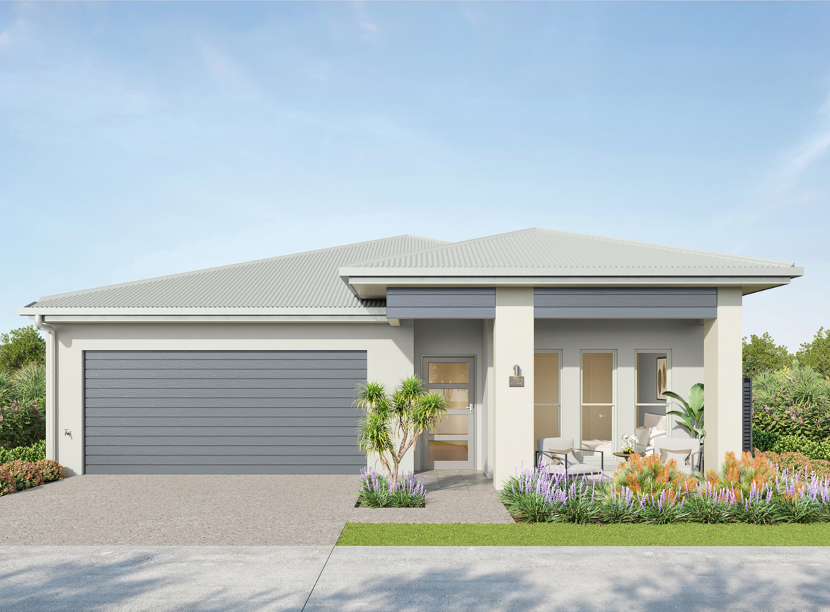 Kondalilla house facade with a hip roofline in coastal colours
