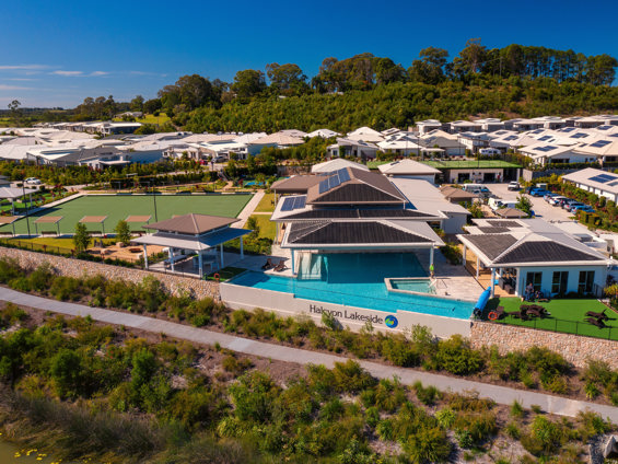 Aerial shot of Halcyon Lakeside pool and recreational centre