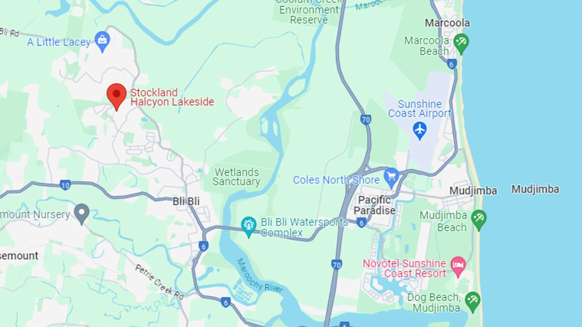 Screenshot of Google Maps showing the location of Halcyon Lakeside and surrounding suburbs such as Marcoola, Midjumba and Maroochydore Beach