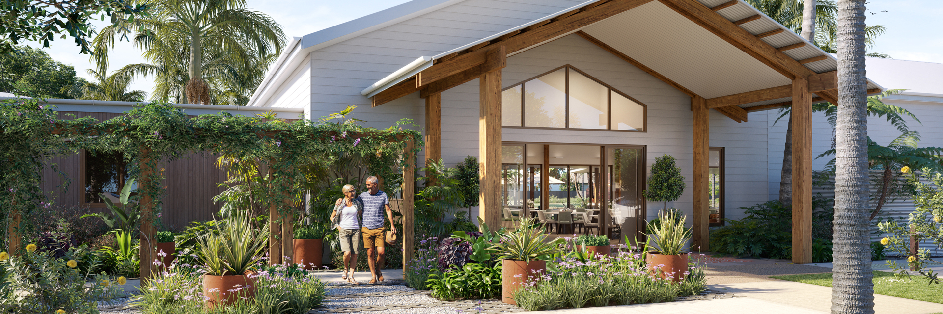 rendered image of the exterior entry of the halcyon yandina clubhouse with modern farm house architecture and green gardens