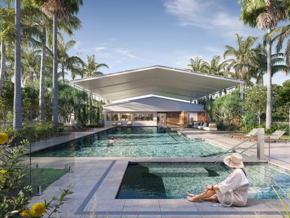 rendered image of a 25m lap pool partially covered by a converted barn