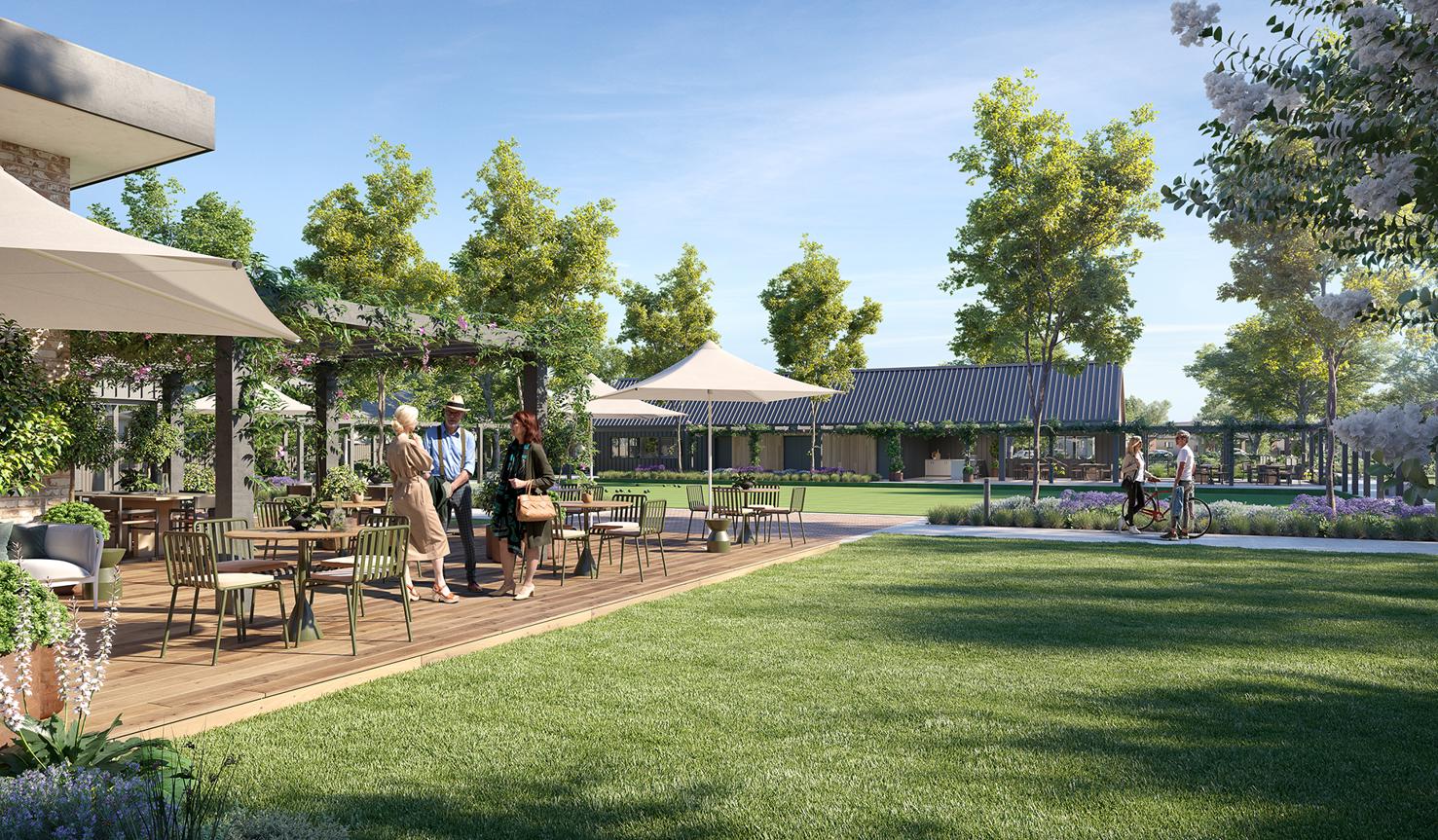 Render of Halcyon Highlands clubhouse facilities of social alfresco area