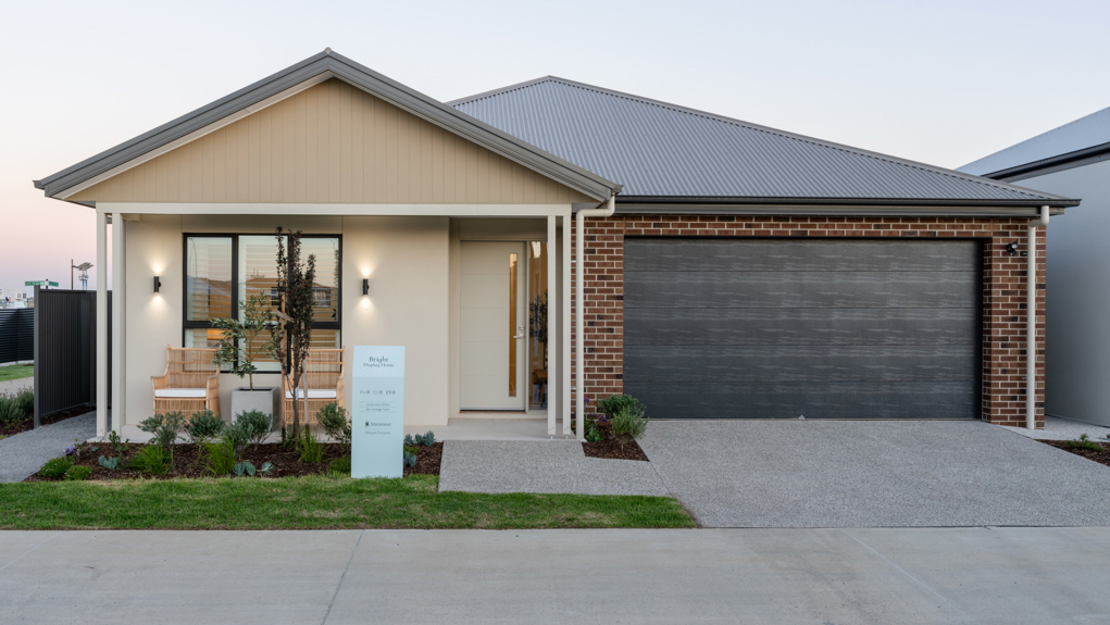 A photo taken in front of the Bright display home at Halcyon Evergreen