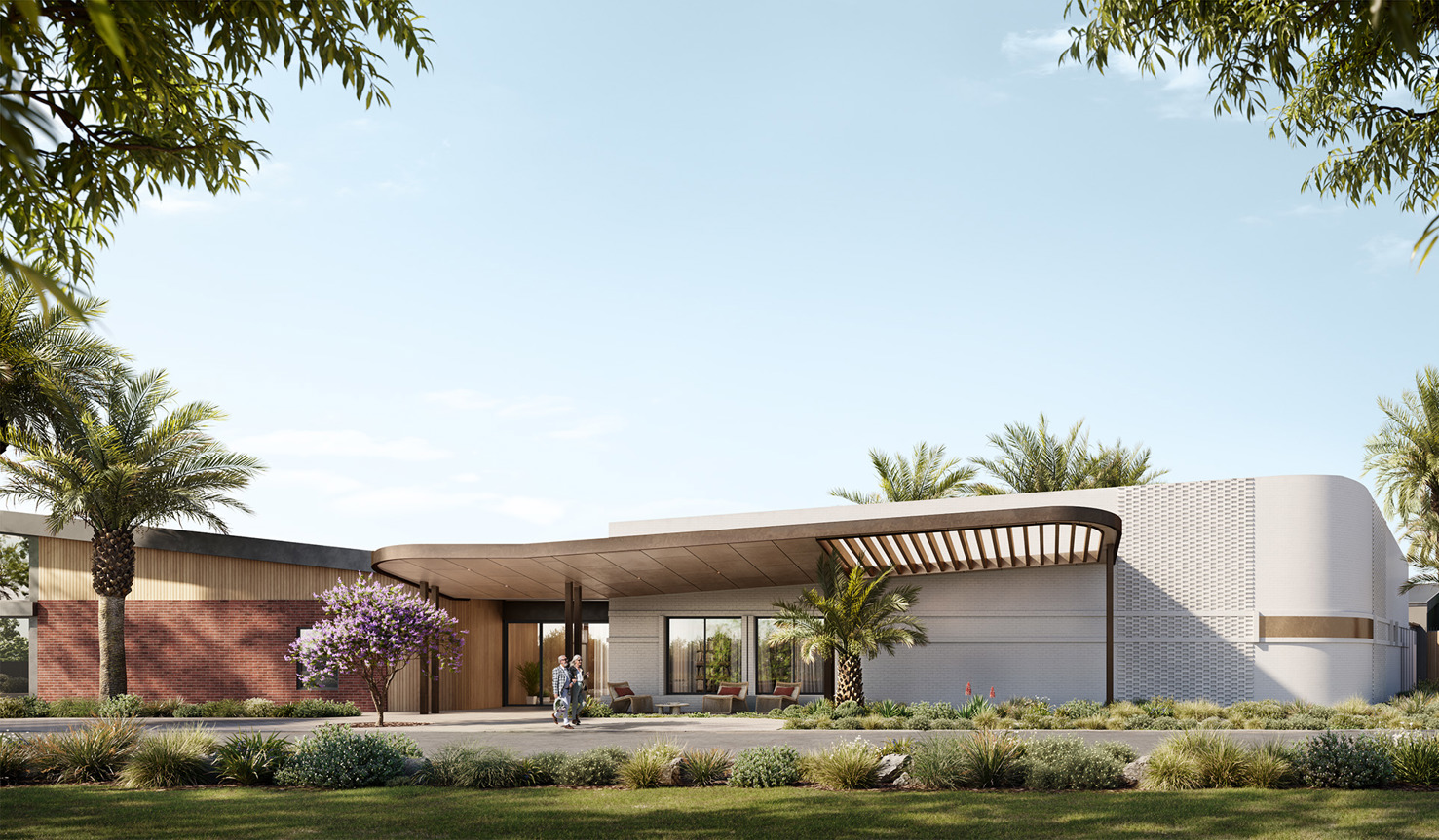 Render of the exterior of the Halcyon Jardin clubhouse