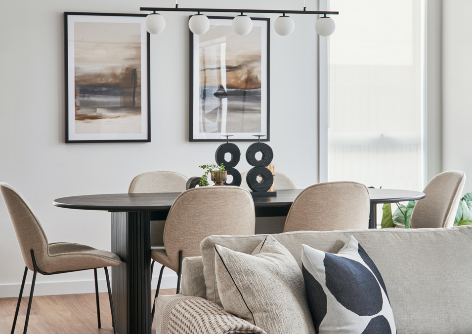 An image of the dining room from the Lonsdale display home at Halcyon Horizon