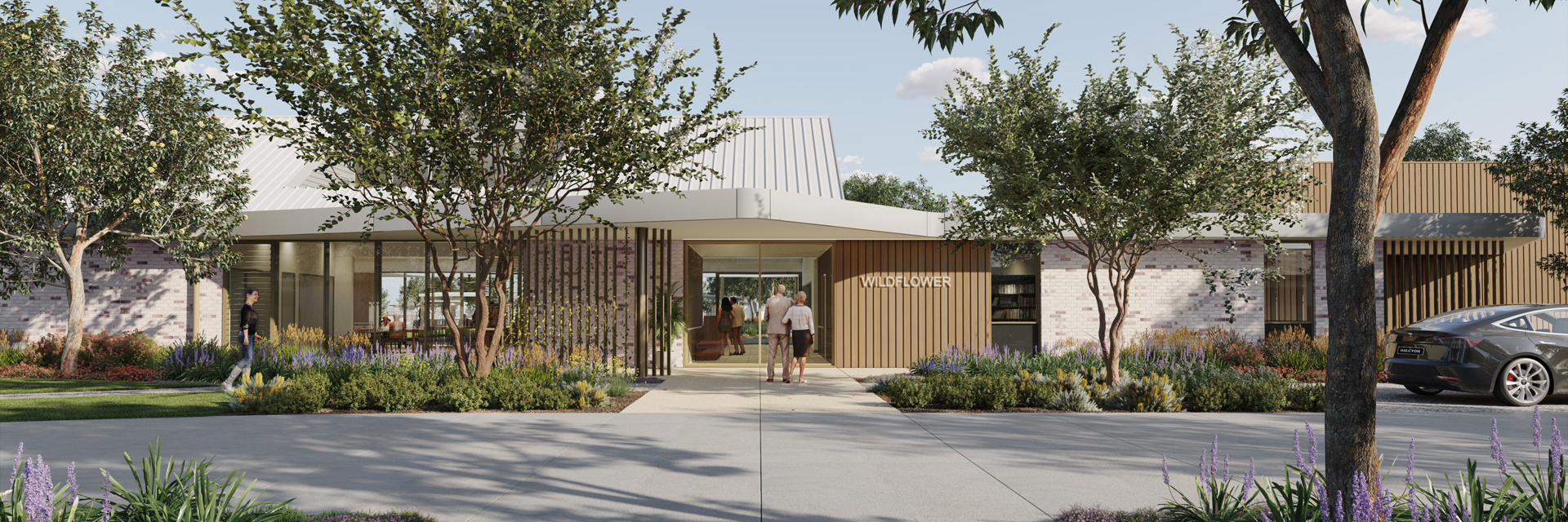 A render of the Halcyon Wildflower Community clubhouse entry