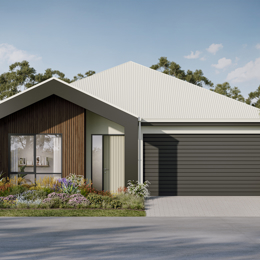 A facade render of the Leeuwin floorplan in the Rainforest colour scheme.
