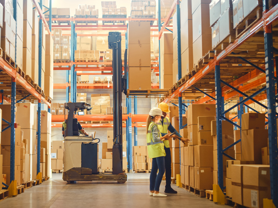 Warehouse staff inspecting boxes