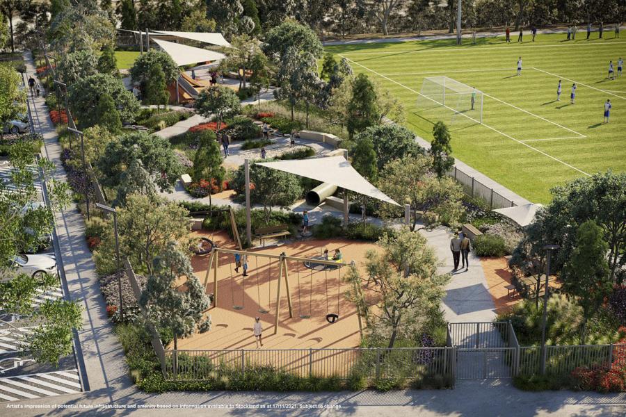 Artists Impression of Livvi's Place Playground. Aerial image of children playing on the grass sporting field and in the playground.