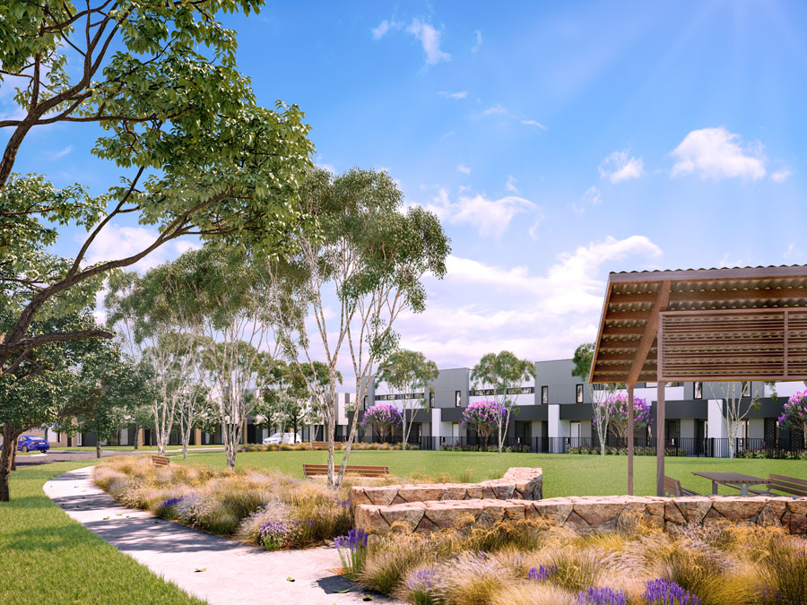 An artist's impression of the Eastside townhomes from across the nearby park.