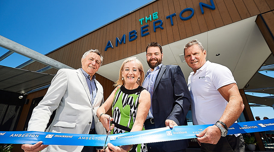 City of Wanneroo Mayor Tracey Roberts cuts the ribbon at the The Amberton official ribbon cutting ceremony along with Col Dutton Stockland General Manager, John Dawkins TMG Managing Director and Damian Molony Eglinton Estates Director.