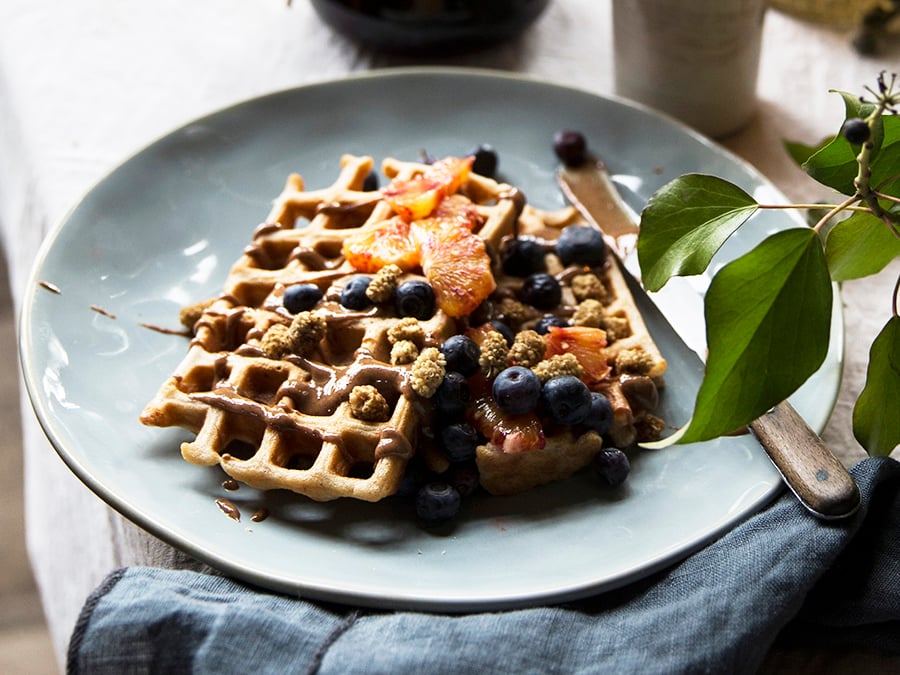 Vegan soy milk waffles topped with fresh berries