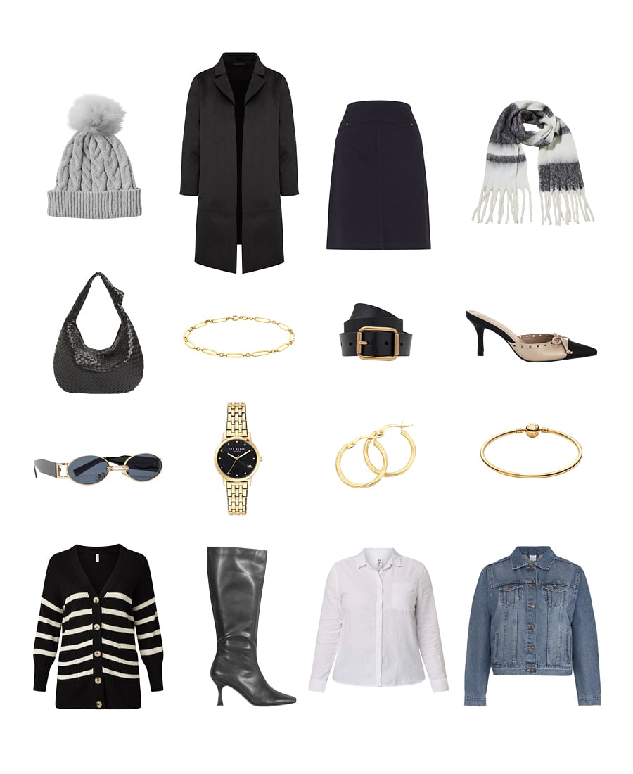 Miscellaneous autumn and winter apparel and accessories including scarfs, jackets, shoes and jewellery.