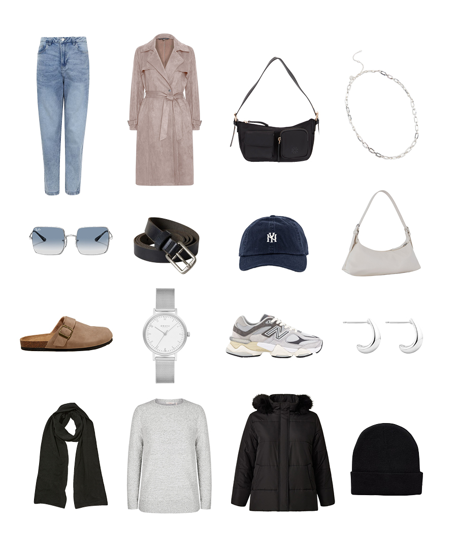 Miscellaneous autumn and winter apparel and accessories including scarfs, jackets, shoes and jewellery.