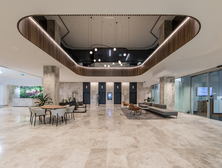 Durack Centre lobby furniture, lifts and feature ceiling