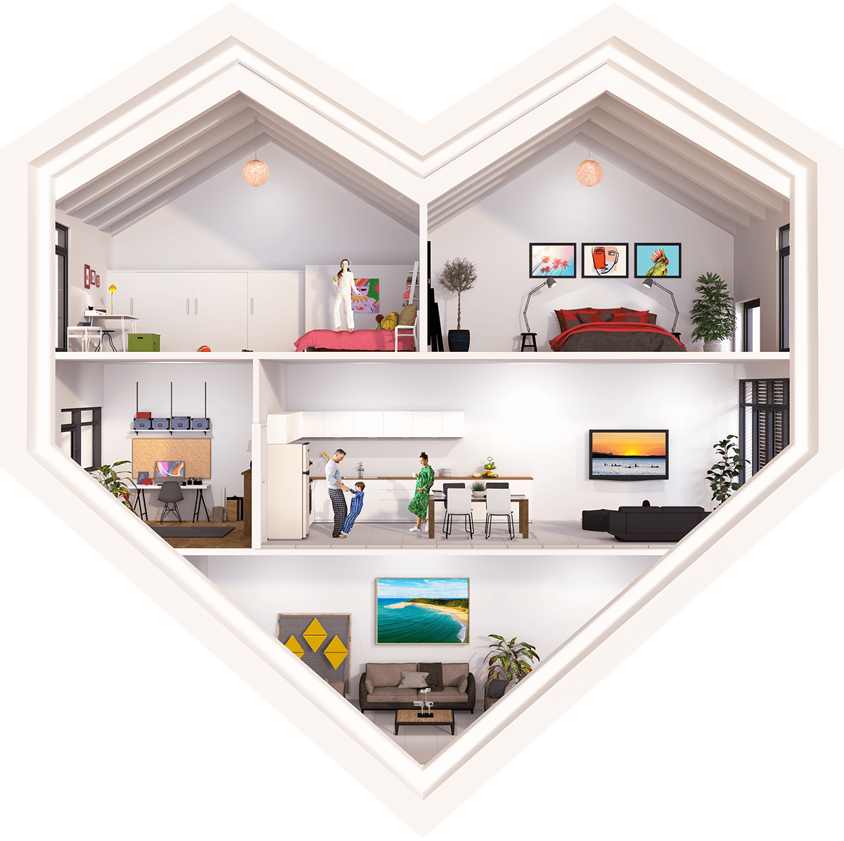 A geometric heart outlining a cross-section view of rooms in a family home