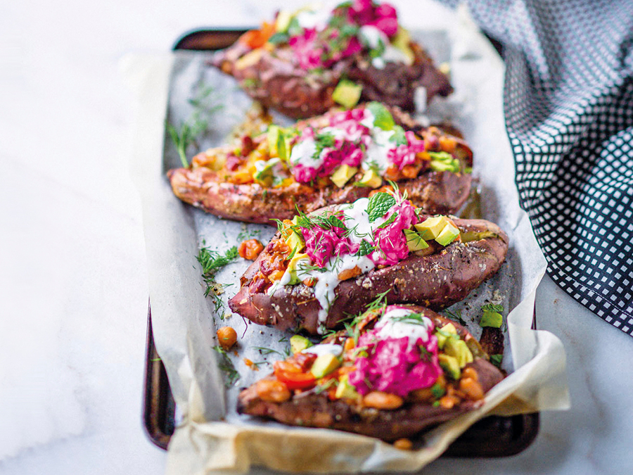 Loaded sweet potato jackets with bean and beetroot tzatziki