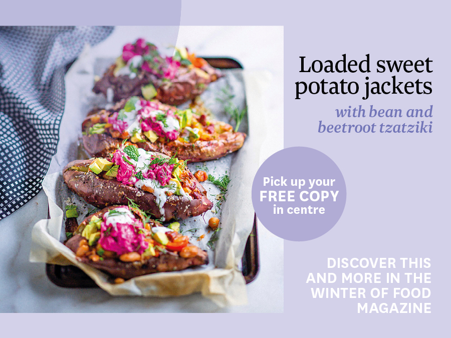 Loaded sweet potato jackets with bean and beetroot tzatziki