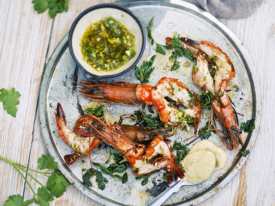 Marinated and grilled king prawns with spicy aioli