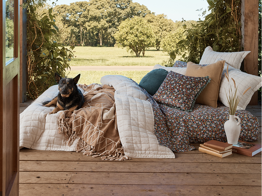 Cosy winter bed with cushions and dog on the bed