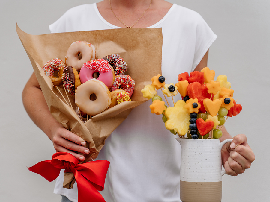 DIY edible donut and fruit flower bouquet