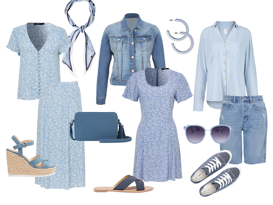Blue colour fashion items and accessories. 