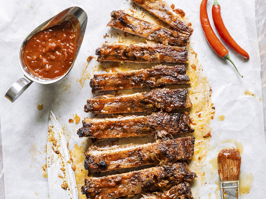 Sliced beef ribs with homemade bbq sauce