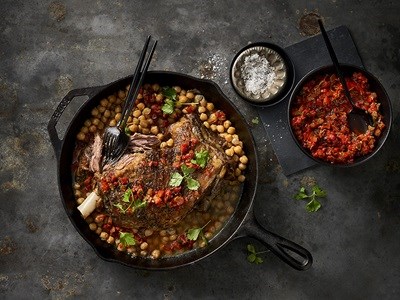 Miguel's slow roasted lamb shoulder with romesco and chickpeas