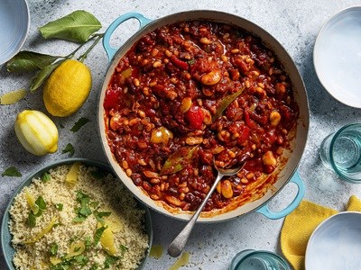 Vegan bean casserole with cumin, smoked paprika, chilli and harissa paste