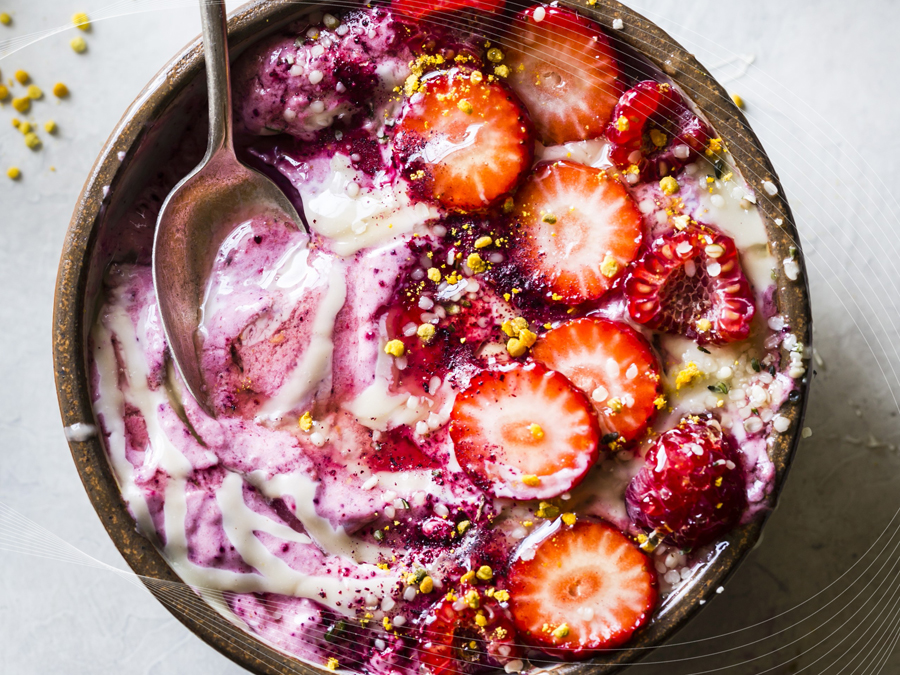 Berry smoothie bowls with hibiscus and cashew butter 