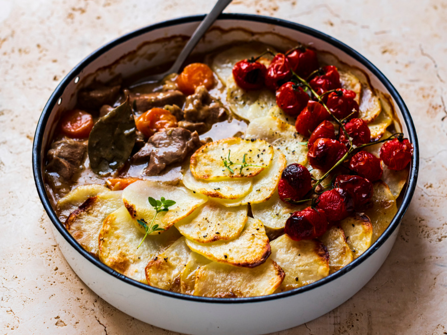 Lamb and potato pie with roasted tomatoes
