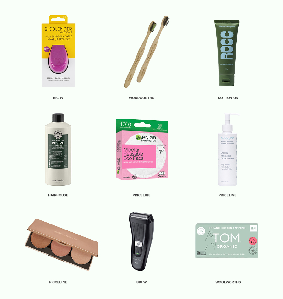 Miscellaneous renewable and eco-friendly household items including a reusable razor and bamboo toothbrush. 