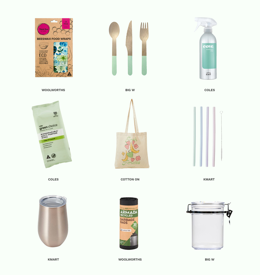 Miscellaneous renewable and eco-friendly household items including bamboo cutlery and reusable straws. 