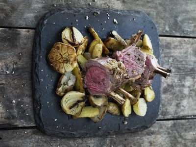Lamb chops with roasted onions and...