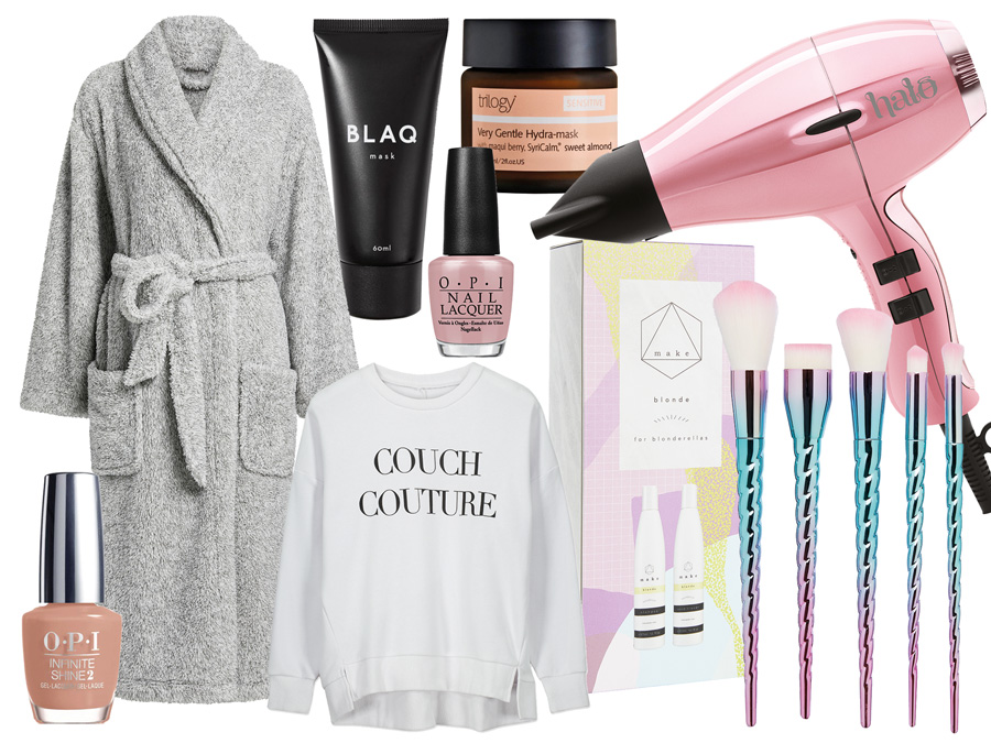 Spa Essentials - Bath Robe. Sweater, Hairdryer and beauty products