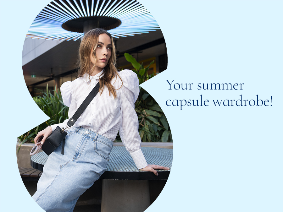 Women in white shirt and blue denim skirt at shopping centre. Text reads Your summer capsule wardrobe.